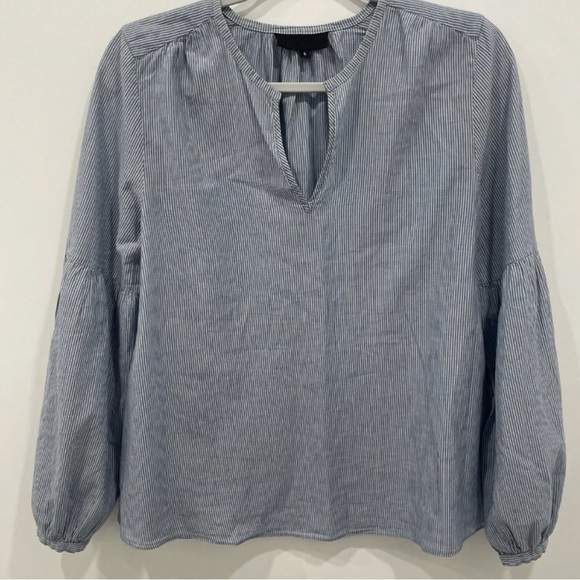 Nili Lotan Top Size Small Blue White Stripped V Neck Button Closure Long Sleeve - Picture 1 of 6